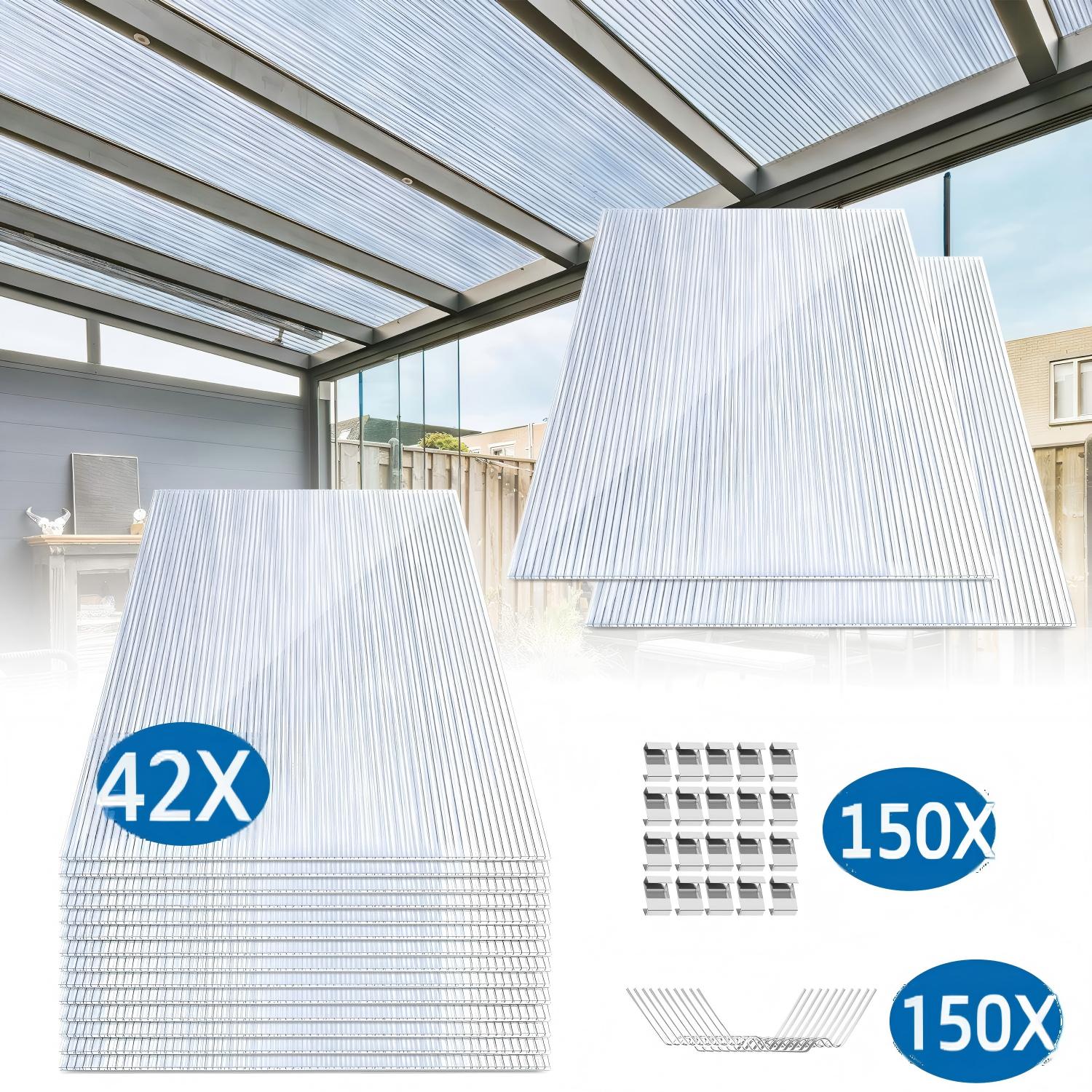 Tolletour 42x Polycarbonat Hohlkammerplatten 4mm Mit 100 Edelstahl Gewächshausklammern Transparent Hohlkammerstegplatten Uv-beständigen Für Gewächshaus Carports