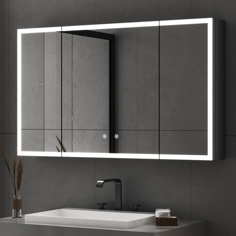 Schwarzer Großer Spiegelschrank Bad Mit Beleuchtung 100x60 Cm Led Spiegelschrank Mit Beleuchtung Badezimmerschrank Mit Spiegel Hängeschränke Mit 3 Einstellbare Lichtfarben, Beschlagfrei, Komplett Vorm