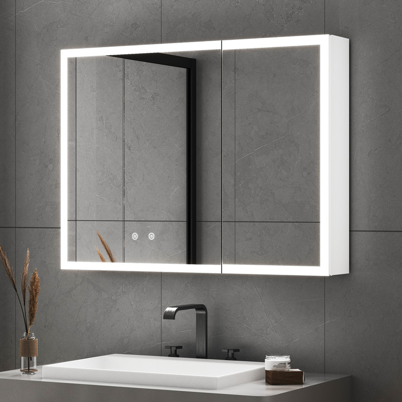 Weiß Spiegelschrank Bad Mit Beleuchtung 80x60 Cm Led Spiegelschrank Mit Beleuchtung Badezimmerschrank Mit Spiegel Hängeschränke Medizin Kabinett Mit 3 Einstellbare Lichtfarben, Beschlagfrei, Komplett