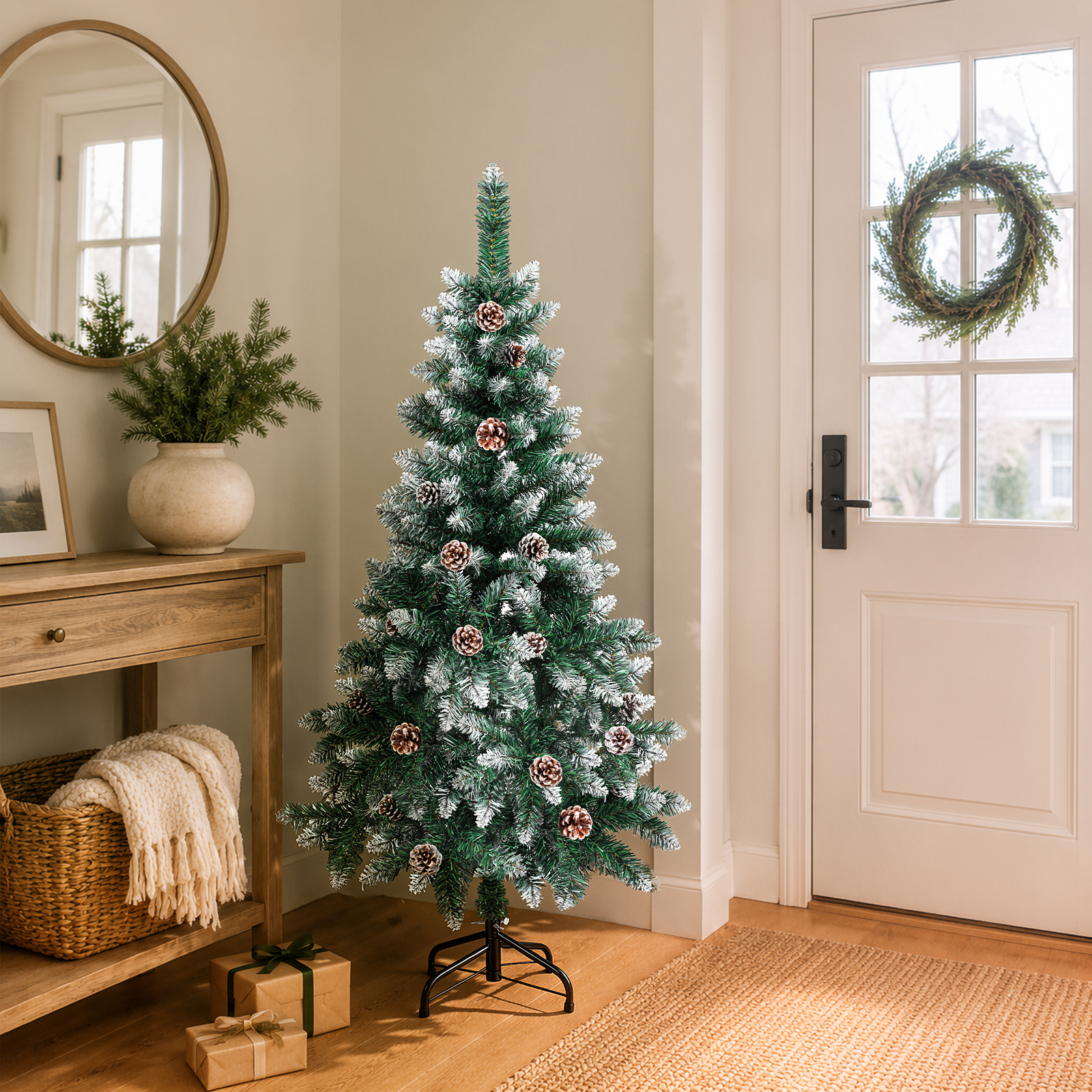 Jiubiaz Künstlicher Weihnachtsbaum 150 Cm Grün Mit 20 Tannenzapfen Und Schnee-effekt, 300 Zweigspitzen, Pvc, Metallständer