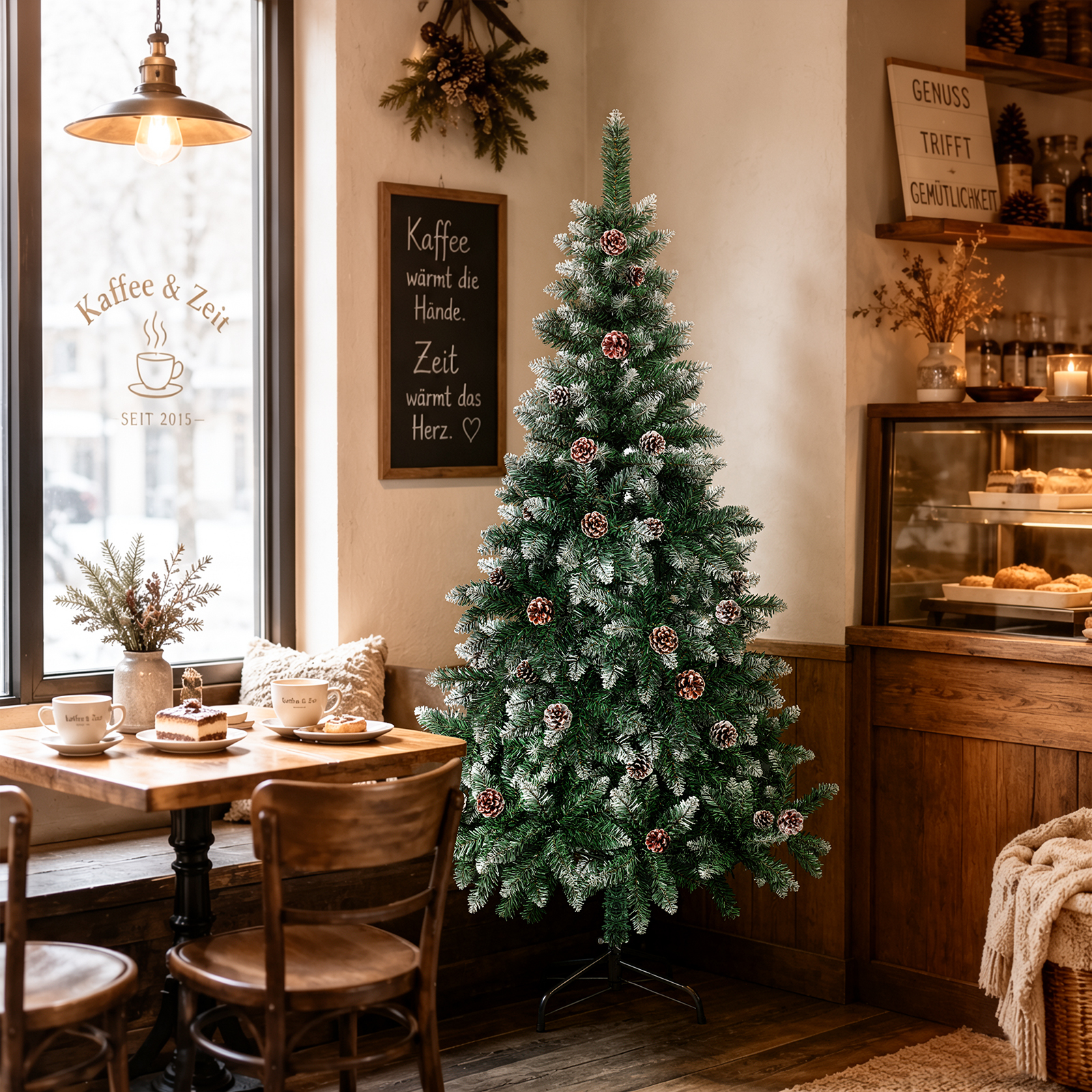 Jiubiaz Künstlicher Weihnachtsbaum 180 Cm Grün Mit 28 Tannenzapfen Und Schnee-effekt, 500 Zweigspitzen, Pvc, Metallständer