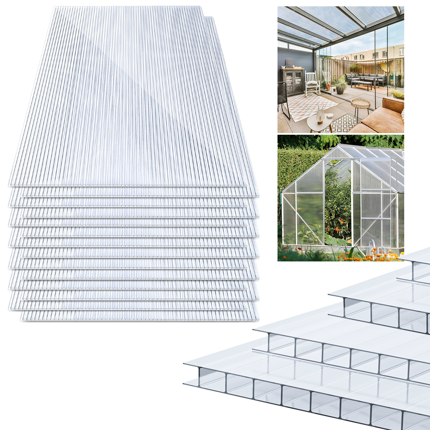 Jiubiaz 15x Polycarbonat Hohlkammerplatten 8mm Transparent Hohlkammerstegplatten Uv-beständigen Für Gewächshaus Carports