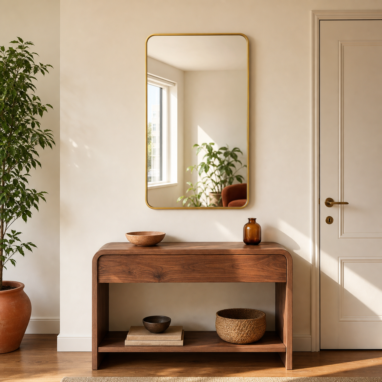 Lunamirror Theo Wandspiegel 90 X 60 Cm, Rechteckige Form Mit Sanft Abgerundeten Ecken Und Gerilltem Aluminiumrahmen, Gold