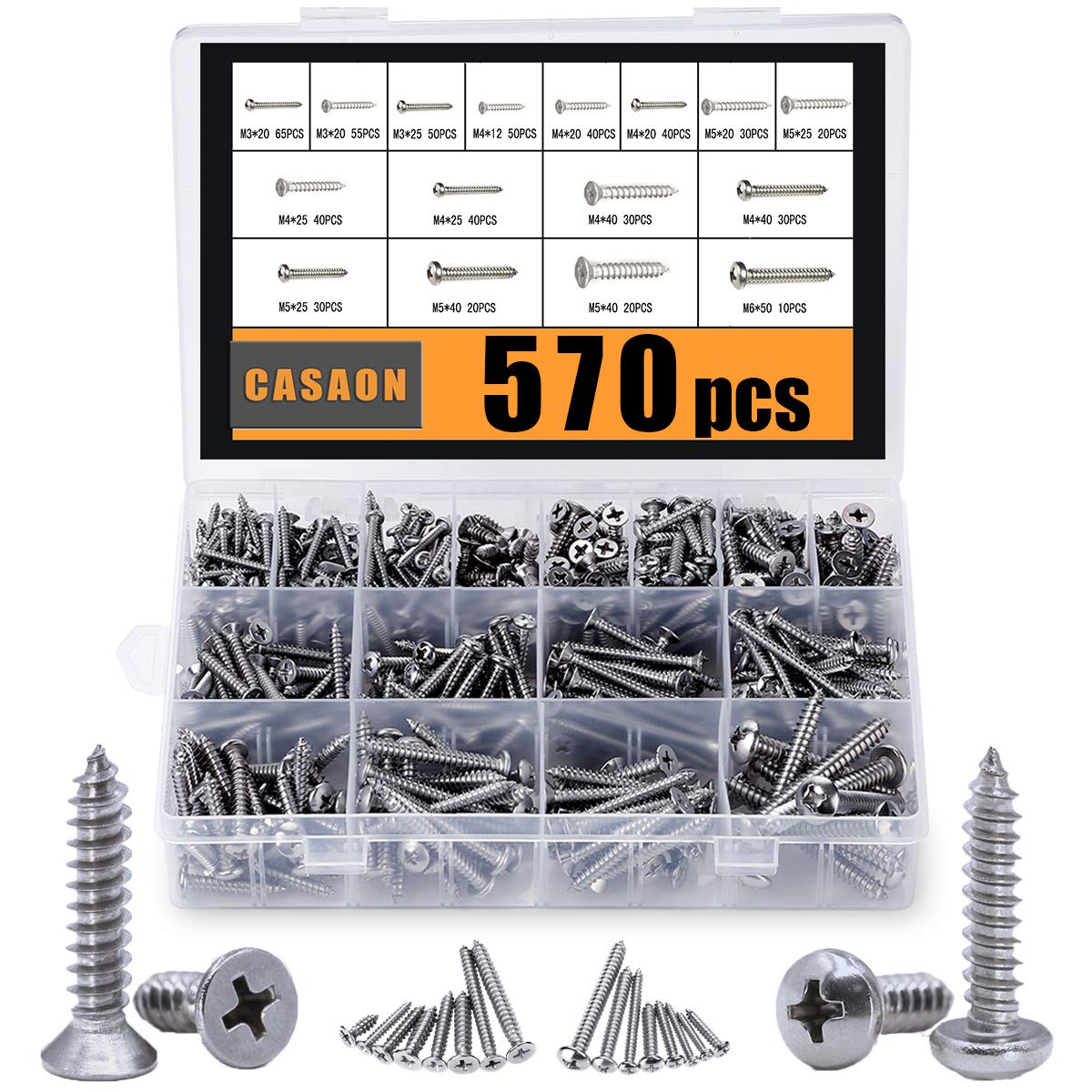 570-teiliges Sortiment An Selbstschneidenden Schrauben, M3/m4/m5/m6, Blechschrauben-set Aus Edelstahl 304, 570-teiliges Sortiment An Holzschrauben Mit Kreuzschlitz (285 Stück Mit Rundkopf Und 285 Stüc