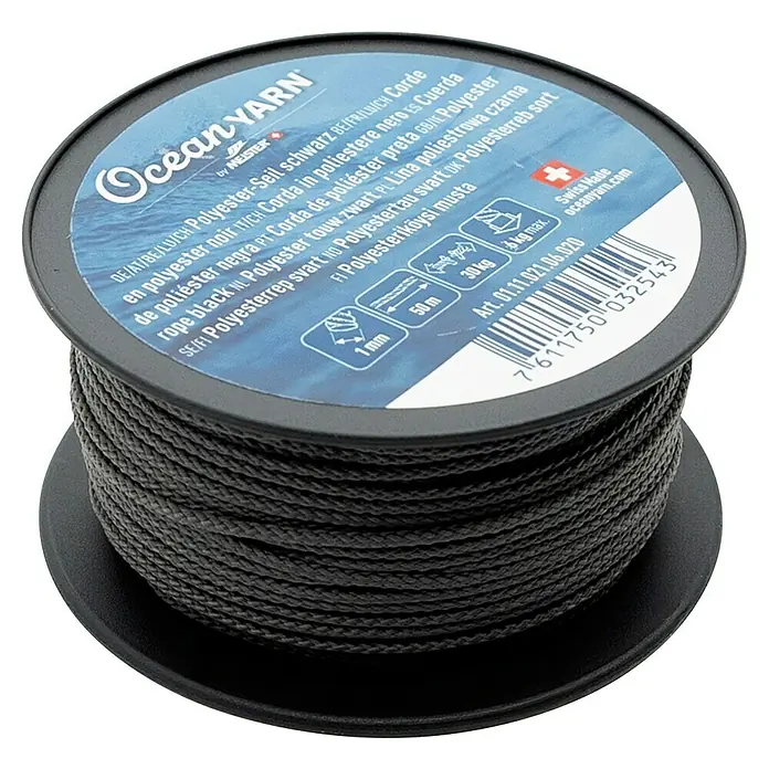 OceanYarn Polyester-Seil OCEANYARN (Länge: 50 m, Durchmesser: 1 mm, Belastbarkeit: 30 kg, Schwarz)