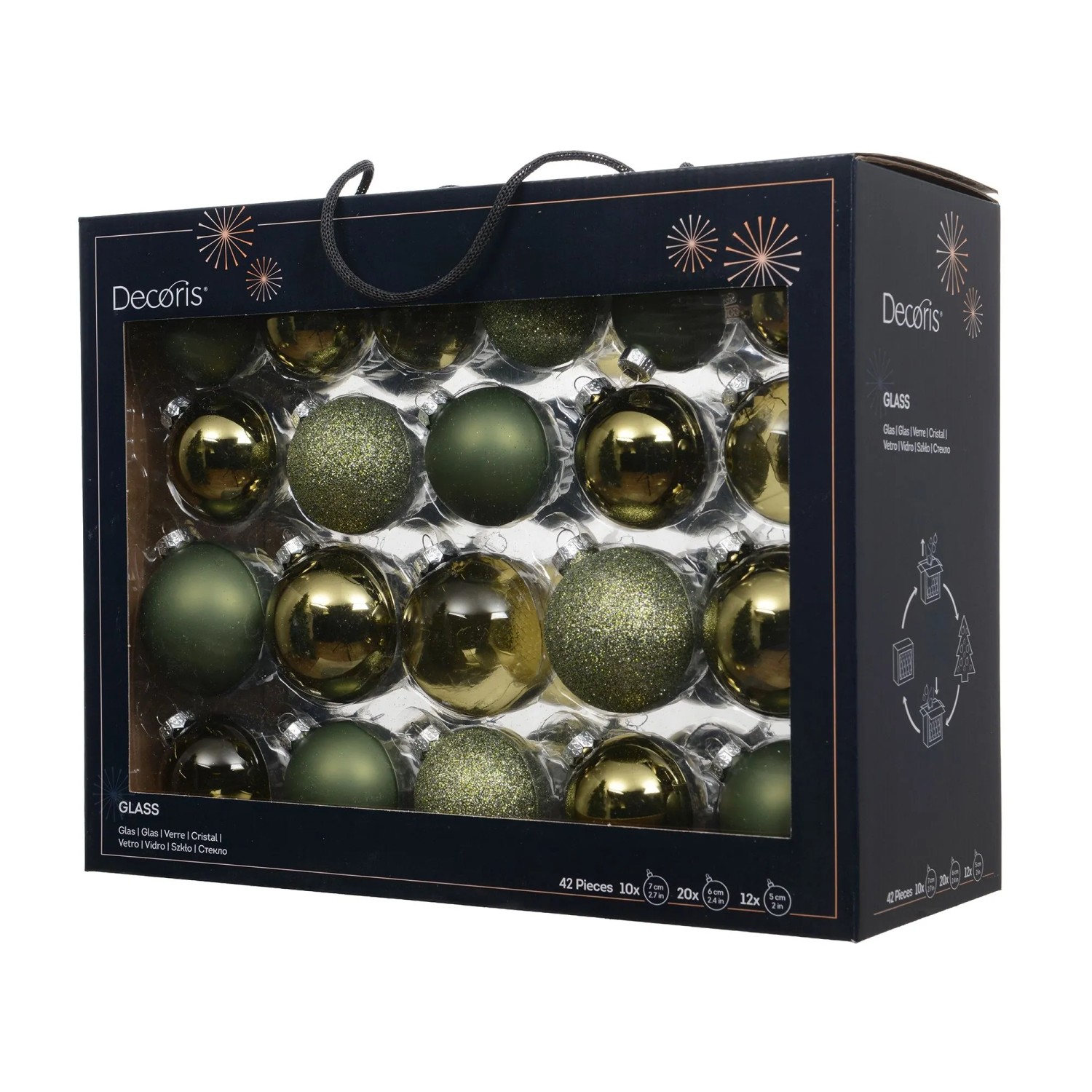 Decoris Weihnachtskugeln Glas 3 Größen Grün Mix 42-teilig