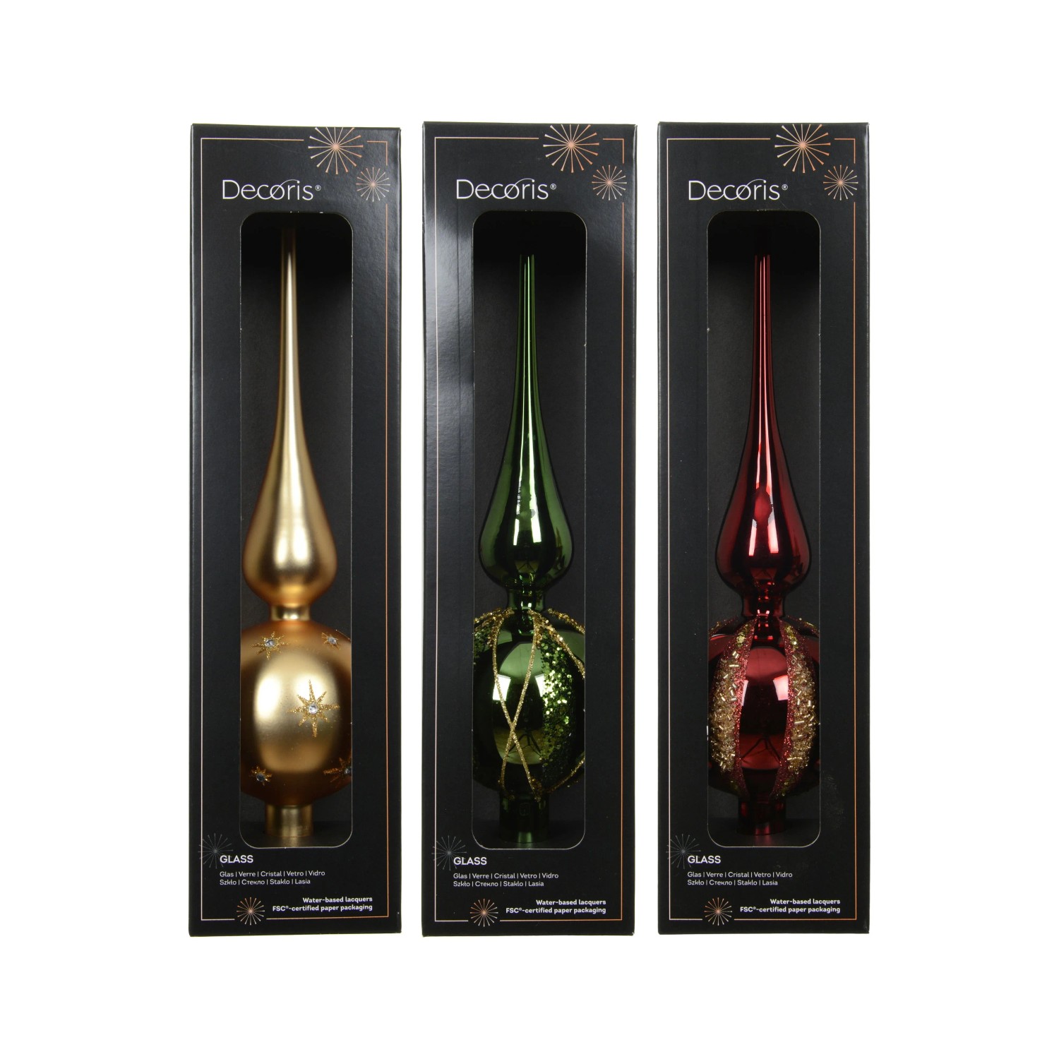Decoris Glas-Weihnachtsbaumspitze Ø 8 cm x 31 cm Mehrfarbig 3-fach Sortiert
