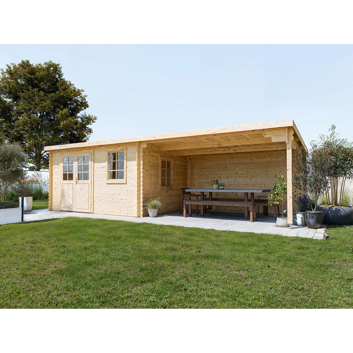 Woodtex Gartenhaus Blockbohlenhaus CA2988 28 mm Naturbelassen mit 4 m Anbau