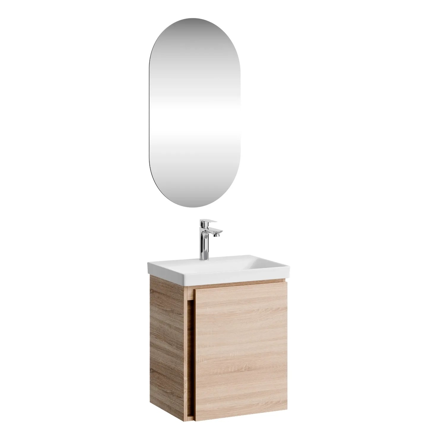 Planetmöbel Badmöbel Set 50 cm Sonoma Eiche mit Keramikwaschbecken Spiegel Soft Close 3 teilig