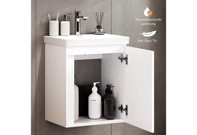 Planetmöbel Waschtischunterschrank 50 cm Weiß mit Keramikwaschbecken Armatur Chrom Soft Close