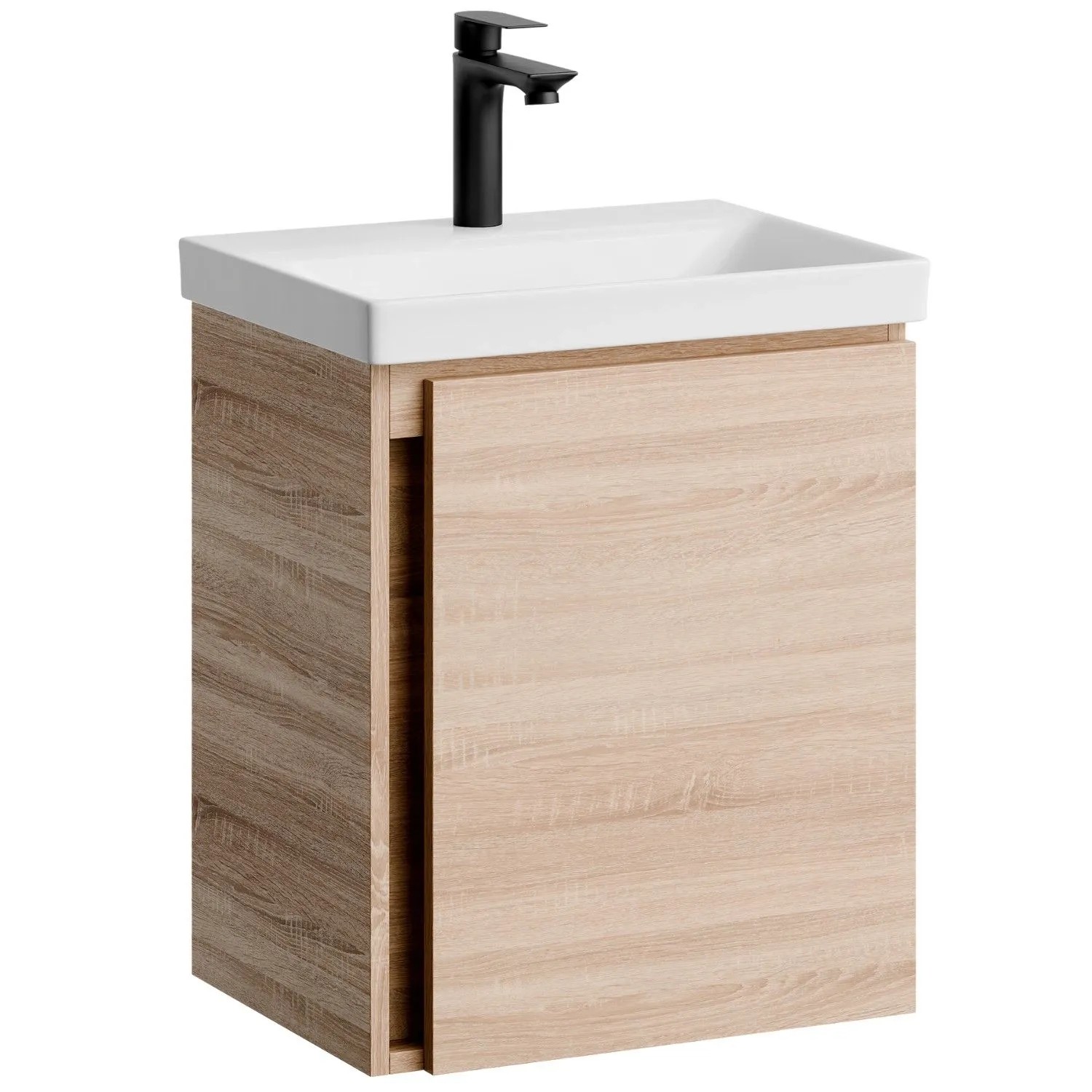 Planetmöbel Waschtischunterschrank 50 cm Sonoma Eiche mit Keramikwaschbecken Armatur Schwarz Soft Close