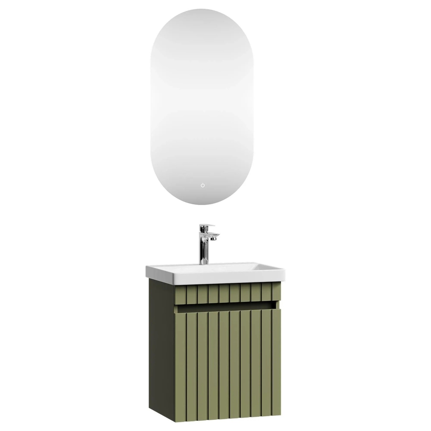 Planetmöbel COSMIA Waschtischunterschrank 50 cm Mintgrün Matt mit Keramikwaschbecken Tür LED Spiegel Armatur Chrom Soft Close