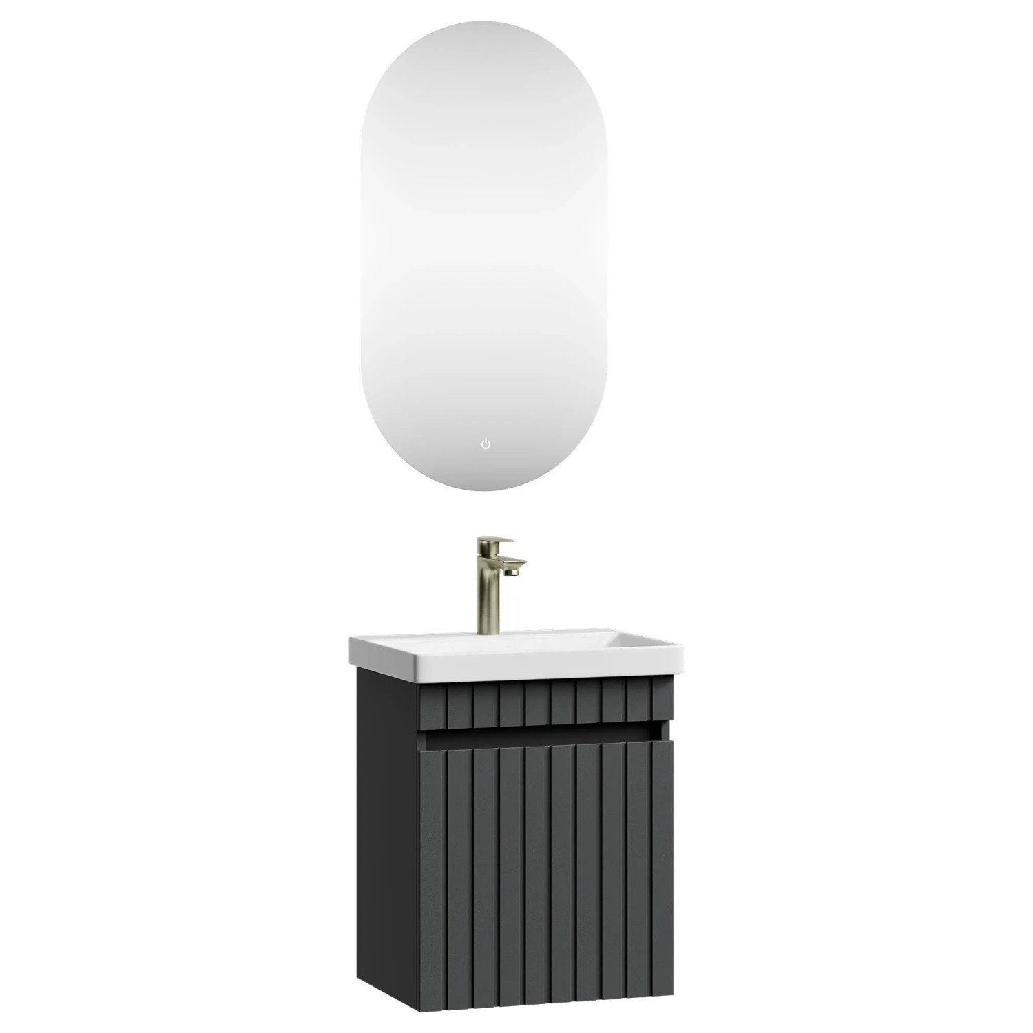 Planetmöbel COSMIA Waschtischunterschrank 50 cm Anthrazit Matt mit Keramikwaschbecken Tür LED Spiegel Armatur Gold Brush Soft Close
