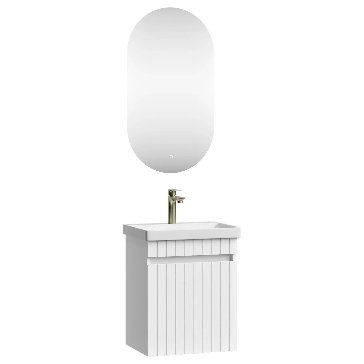 Planetmöbel COSMIA Waschtischunterschrank 50 cm Weiß Matt mit Keramikwaschbecken Tür LED Spiegel Armatur Gold Brush Soft Close