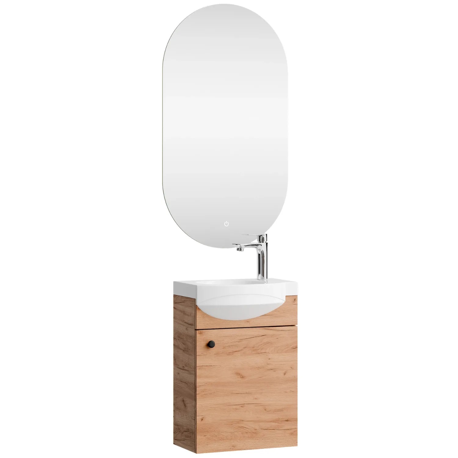 Planetmöbel Badmöbel Set 40 cm Gold Eiche mit Keramikwaschbecken Spiegel Soft Close