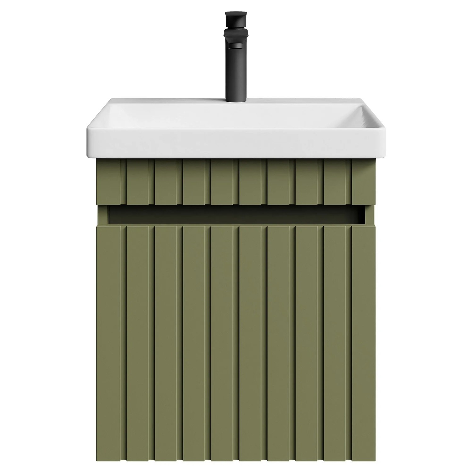 Planetmöbel COSMIA Waschtisch 50 cm Mintgrün Matt mit Keramikwaschbecken Schublade Armatur Matt Schwarz Soft Close