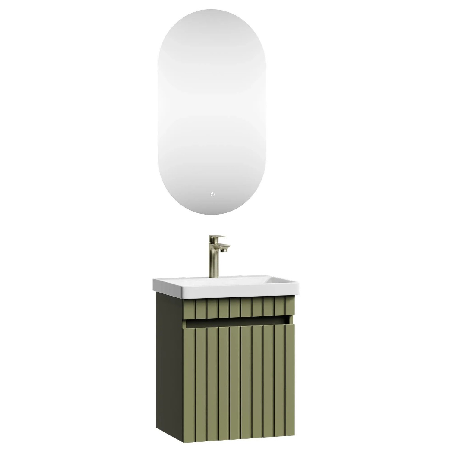 Planetmöbel COSMIA Waschtischunterschrank 50 cm Mintgrün Matt mit Keramikwaschbecken Tür LED Spiegel Armatur Gold Brush Soft Close