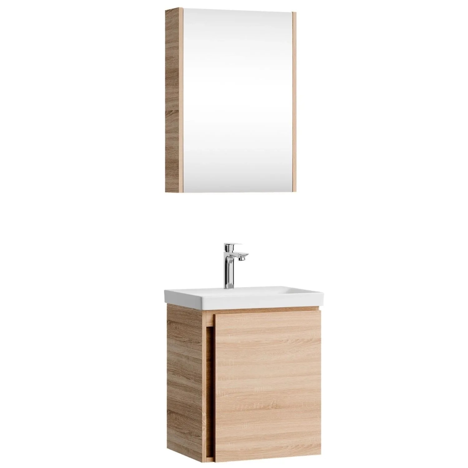 Planetmöbel Badmöbel Set 50 cm Sonoma Eiche mit Keramikwaschbecken Spiegelschrank Soft Close