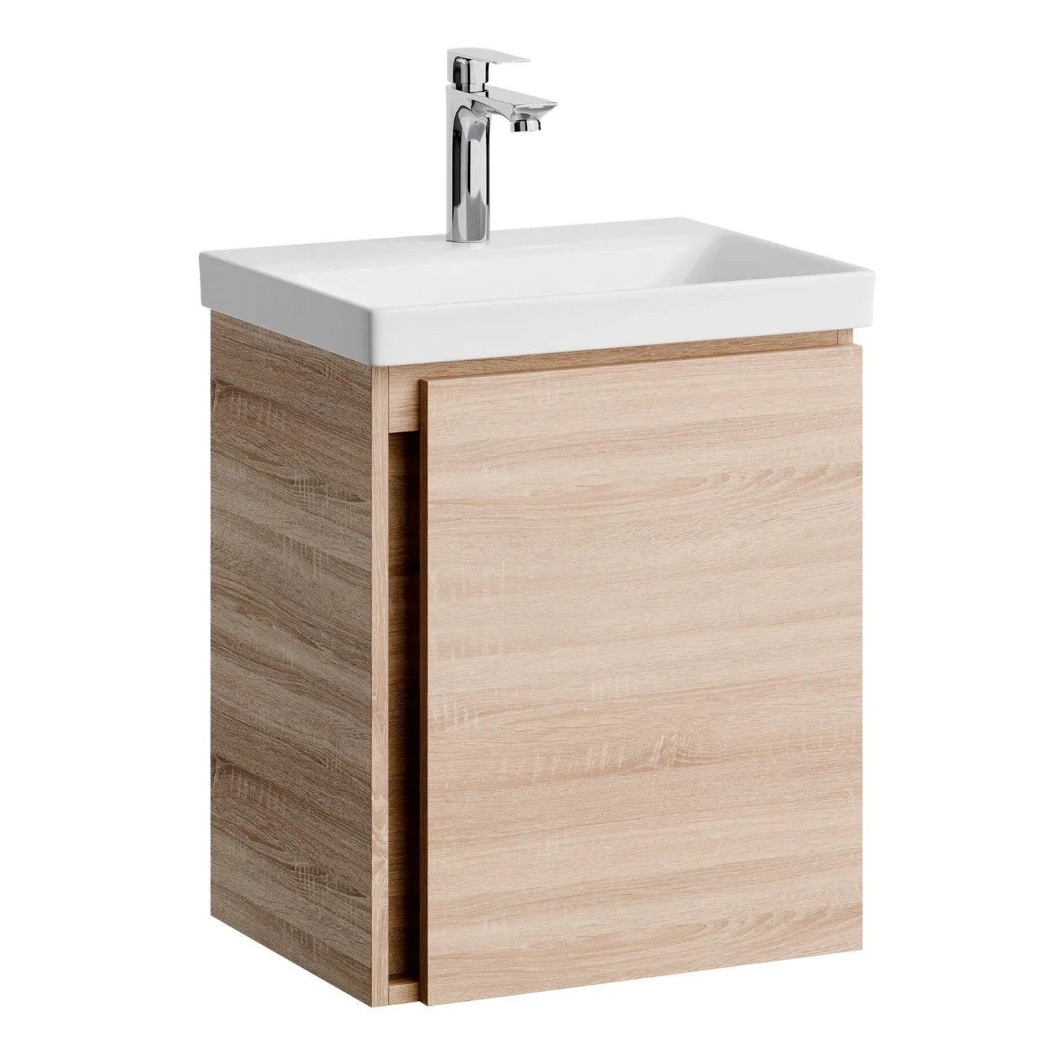 Planetmöbel Waschtischunterschrank 50 cm Sonoma Eiche mit Keramikwaschbecken Armatur Chrom Soft Close