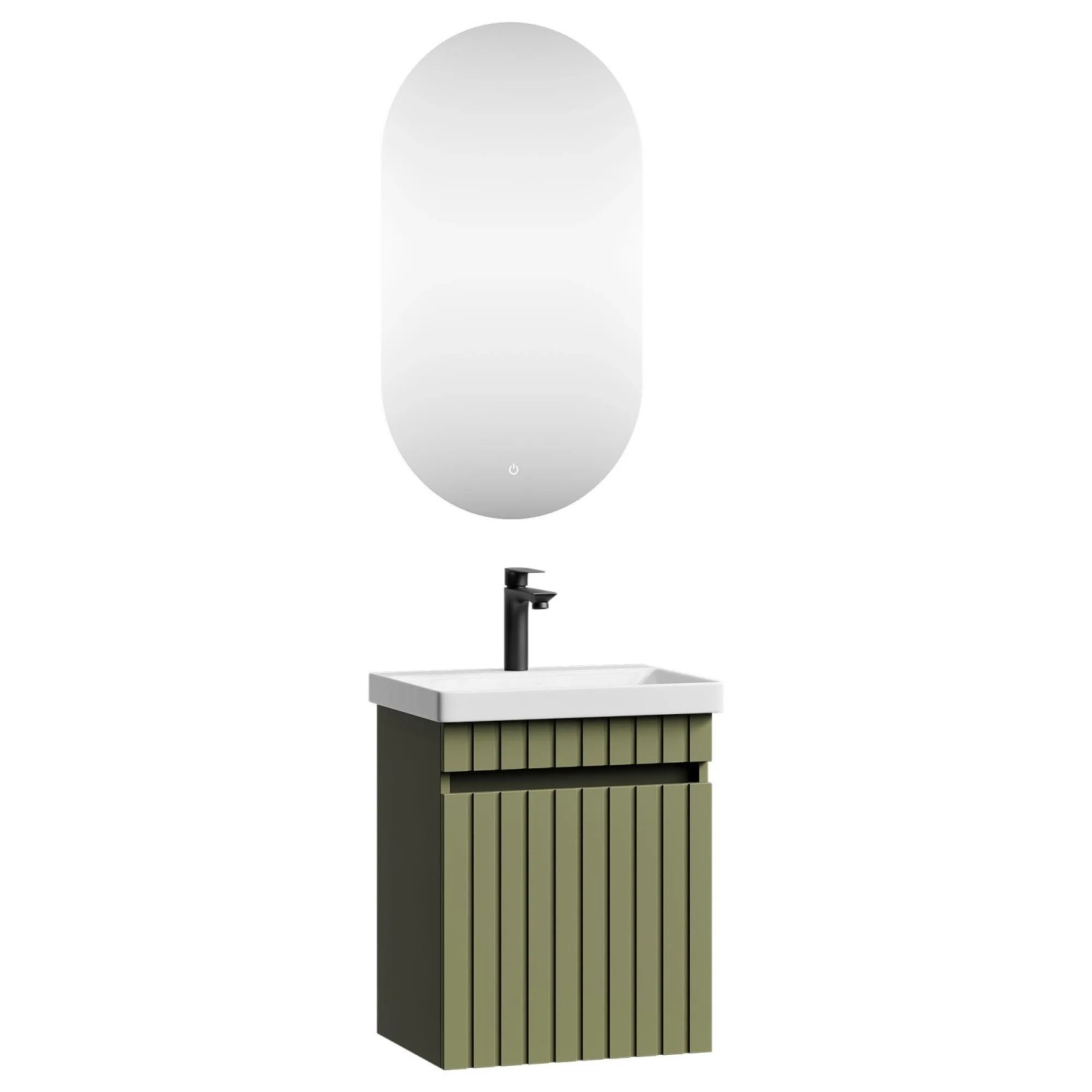 Planetmöbel COSMIA Waschtischunterschrank 50 cm Mintgrün Matt mit Keramikwaschbecken Tür LED Spiegel Armatur Matt Schwarz Soft Close