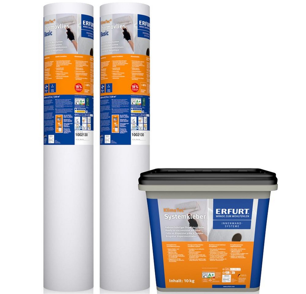 ERFURT Vliestapete KlimaTec Thermovlies Basic Dämmtapete + Kleber Systemkleber Dämmung, (Set, 2 Rollen Thermovlies Basic 10 x 0,75m + 1 Eimer Systemkleber (10kg), Wärmedämmung Wand und Decke