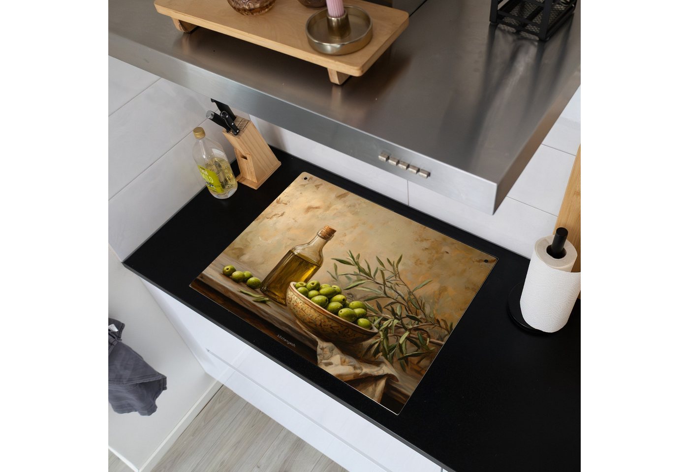 KitchenYeah Küchenrückwand Oliven - Stilleben - Vintage, (1-tlg), Abdeckplatte für Ceranfeld, Herd Inductionsmatte, 71x52 cm