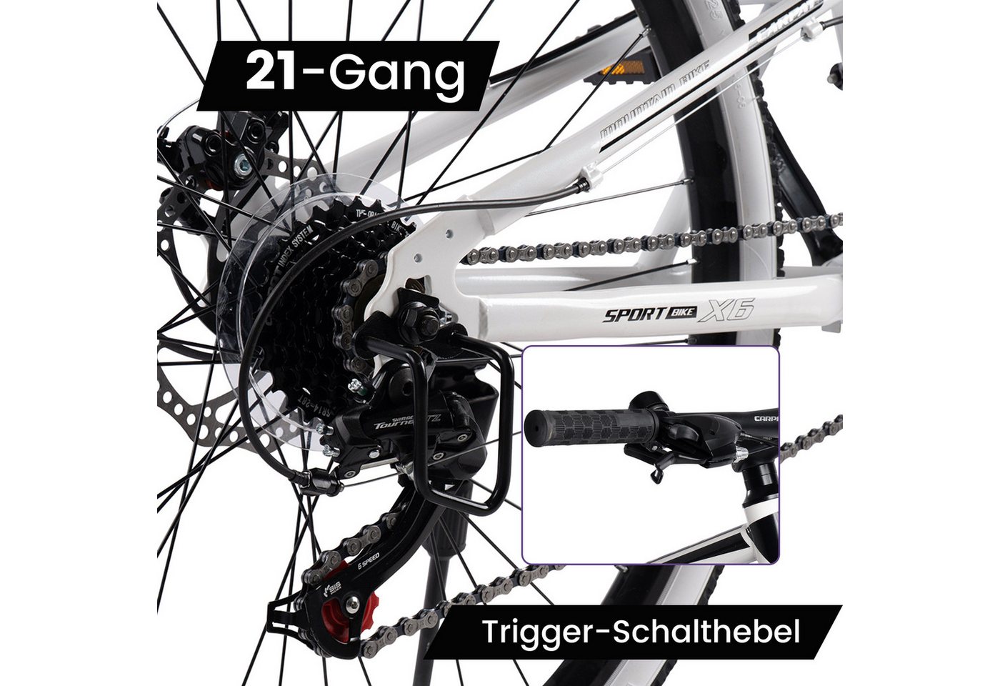 CARPAT SPORT Mountainbike 24 26 Zoll Fahrrad für Herren Damen Jungen, 21 Gang Shimano Tourney Schaltwerk, Kettenschaltung, mechanische Scheibenbremse, MTB Fahrrad Bike Bild 2