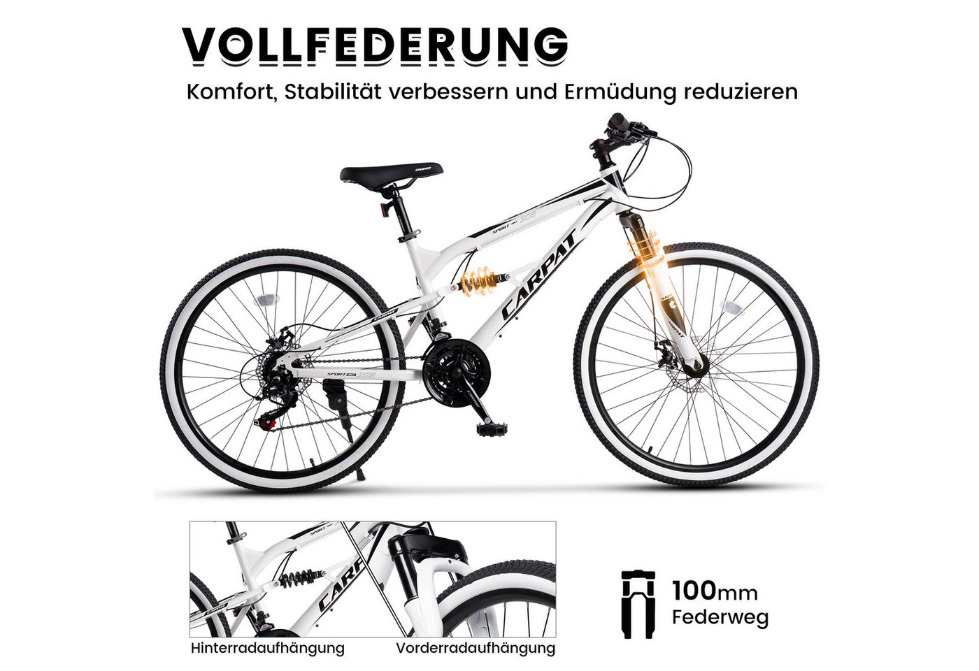 CARPAT SPORT Mountainbike 24 26 Zoll Fahrrad für Herren Damen Jungen, 21 Gang Shimano Tourney Schaltwerk, Kettenschaltung, mechanische Scheibenbremse, MTB Fahrrad Bike Bild 3