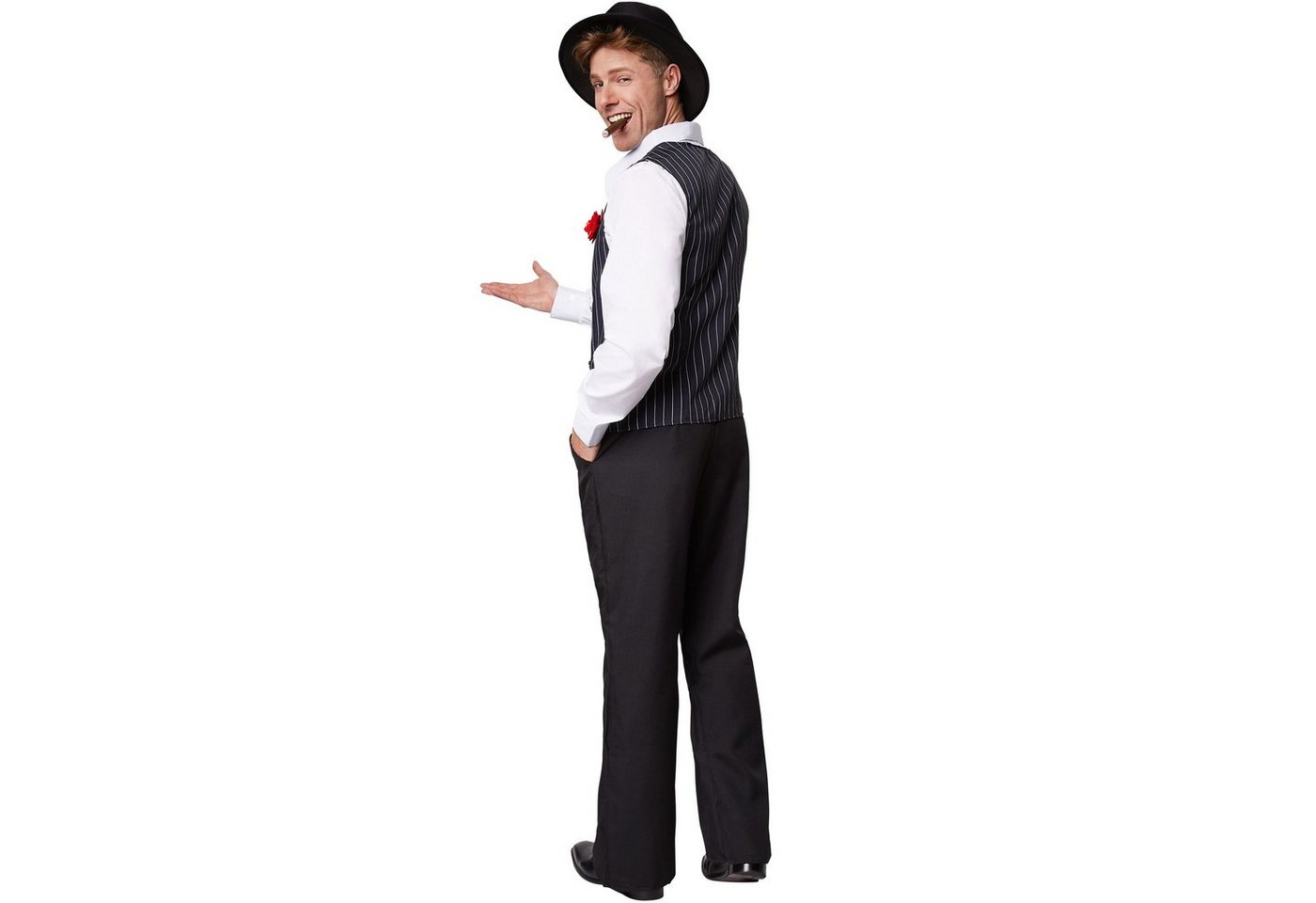 dressforfun Kostüm Edelmann/Kavalier, in der Farbe schwarz/weiß, Gr. XXL, Inkl. Hut, Langarm-Hemd, Hose, Weste mit Nadelstreifen, Knöpfe und Kunstblume