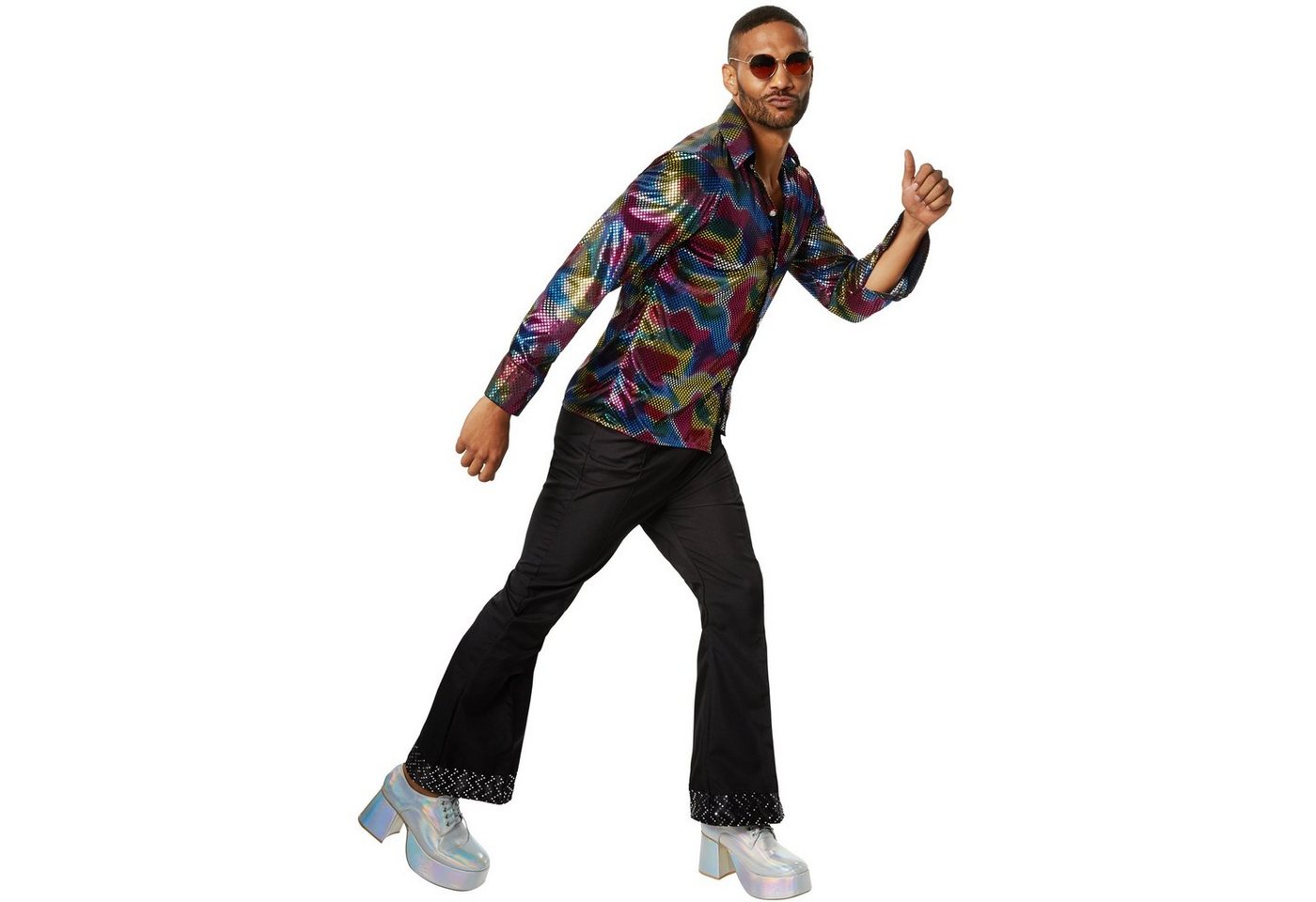 dressforfun Hippie-Kostüm Tänzer/Sänger, in bunt, Gr. S, Langarmhemd aus buntem Glanzstoff, Zweiteiliges Kostüm im Disco-Outfit, Luftig und leicht zu tragen