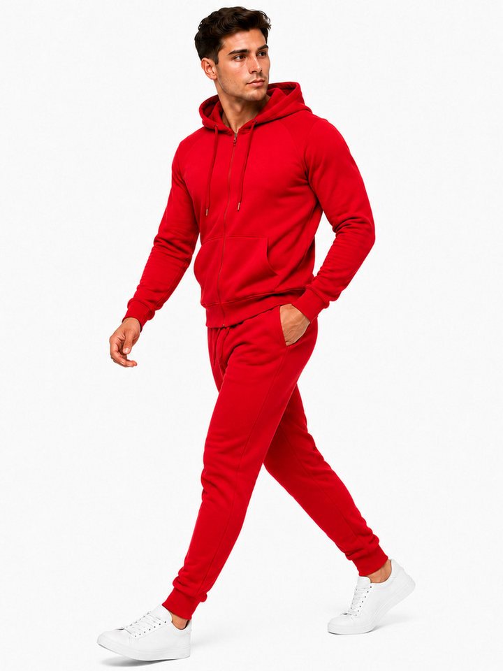L.gonline Freizeitanzug Herren Jogginganzug einfarbig 100% BW 586 Rot XXL (Kapuzenjacke mit Reißverschluss, Hose, 2-tlg), Fitness Freizeit Casual