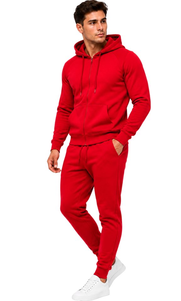 L.gonline Freizeitanzug Herren Jogginganzug einfarbig 100% BW 586 Rot XXL (Kapuzenjacke mit Reißverschluss, Hose, 2-tlg), Fitness Freizeit Casual Bild 3