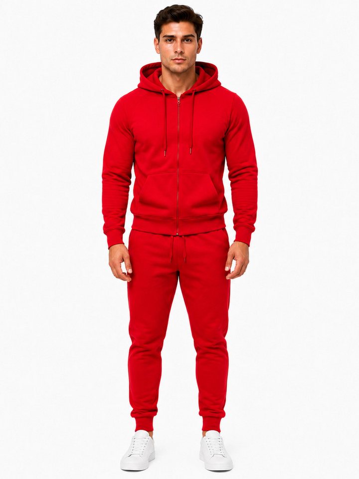 L.gonline Freizeitanzug Herren Jogginganzug einfarbig 100% BW 586 Rot XXL (Kapuzenjacke mit Reißverschluss, Hose, 2-tlg), Fitness Freizeit Casual Bild 4