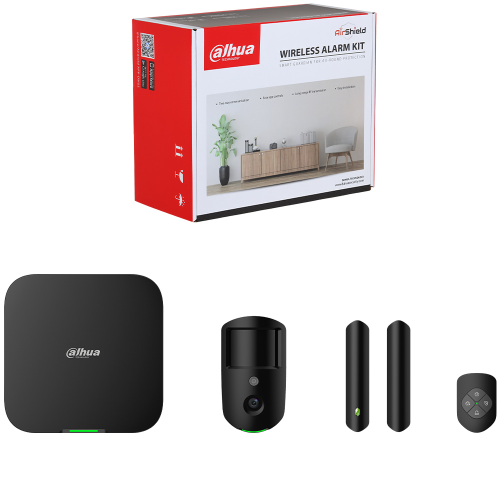 Dahua ART-ARC3800H-03-CAM-FW2-868-BL Funk Alarmanlagen Starterpaket mit PIR-Kamera-Melder, Türkontakt und Handsender schwarz