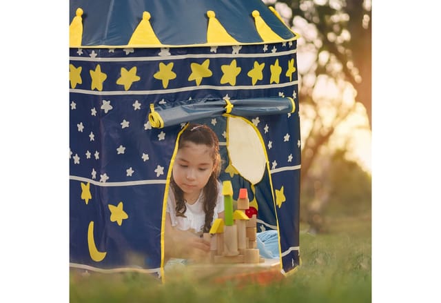 Relaxdays Spielzelt Mond und Sterne Polyester Stahl Fiberglas Blau Gelb Weiß Klettverschluss mit Tasche 135 cm x 100 cm 730 g
