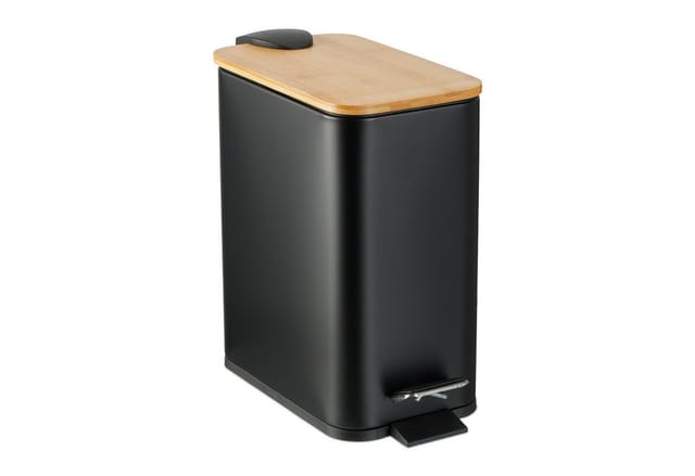 Relaxdays Treteimer Eisen Bambus Schwarz Rutschfest 5, 28,5 x 14,5 x 27 cm