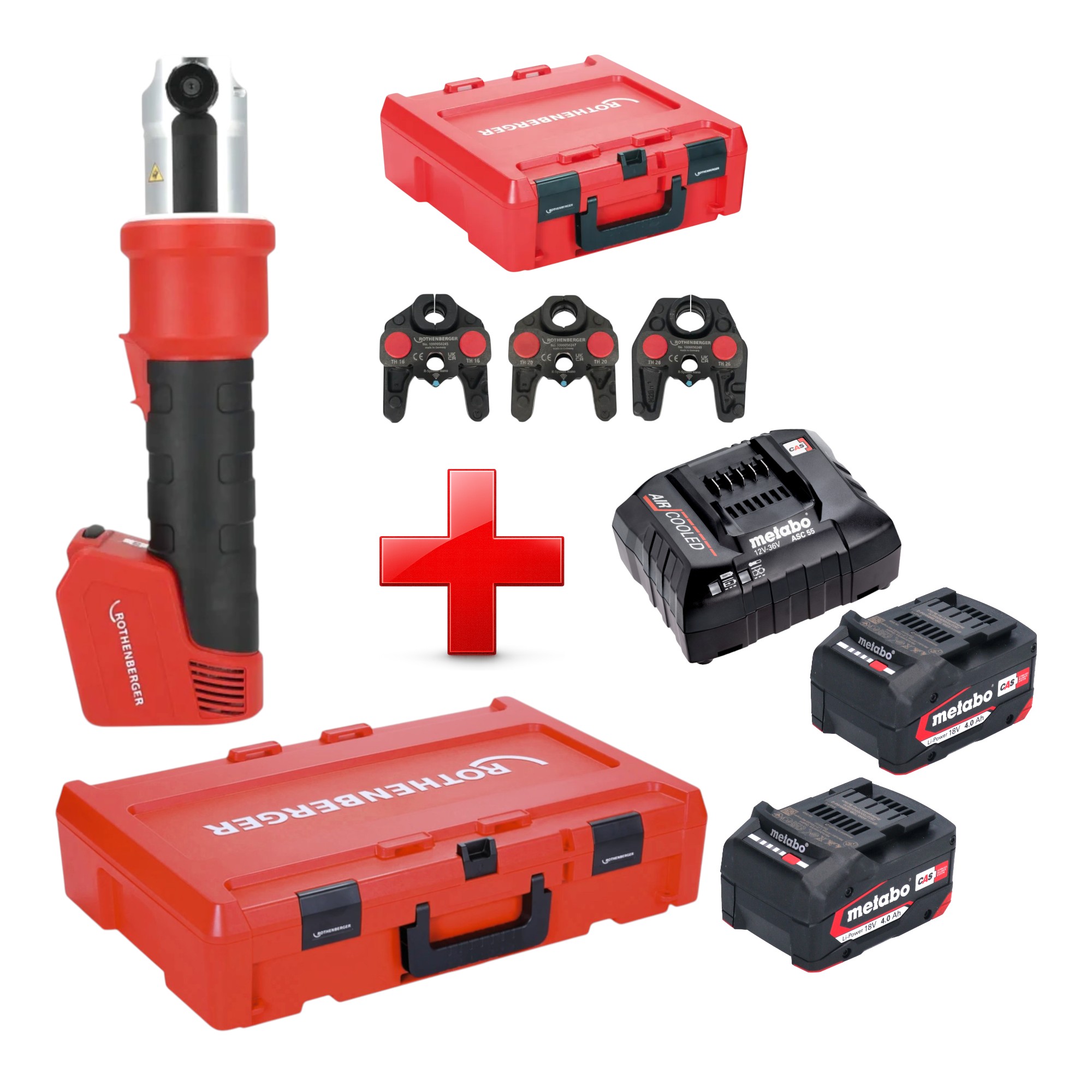 Rothenberger Romax Nano Akku Pressmaschine 18 V 34 Kn Cas + 2x Akku 4,0 Ah + Ladegerät + 3 Tlg. Th Pressbacken Set + Rocase
