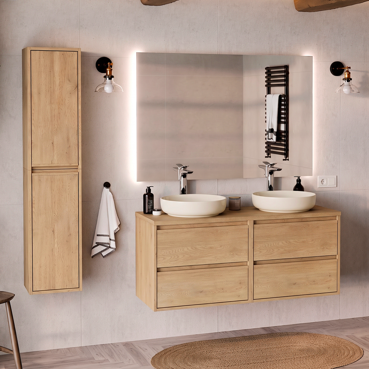 Doppelwaschbecken-waschtischset 120 Cm Mit Hochschrank Edmé Bois