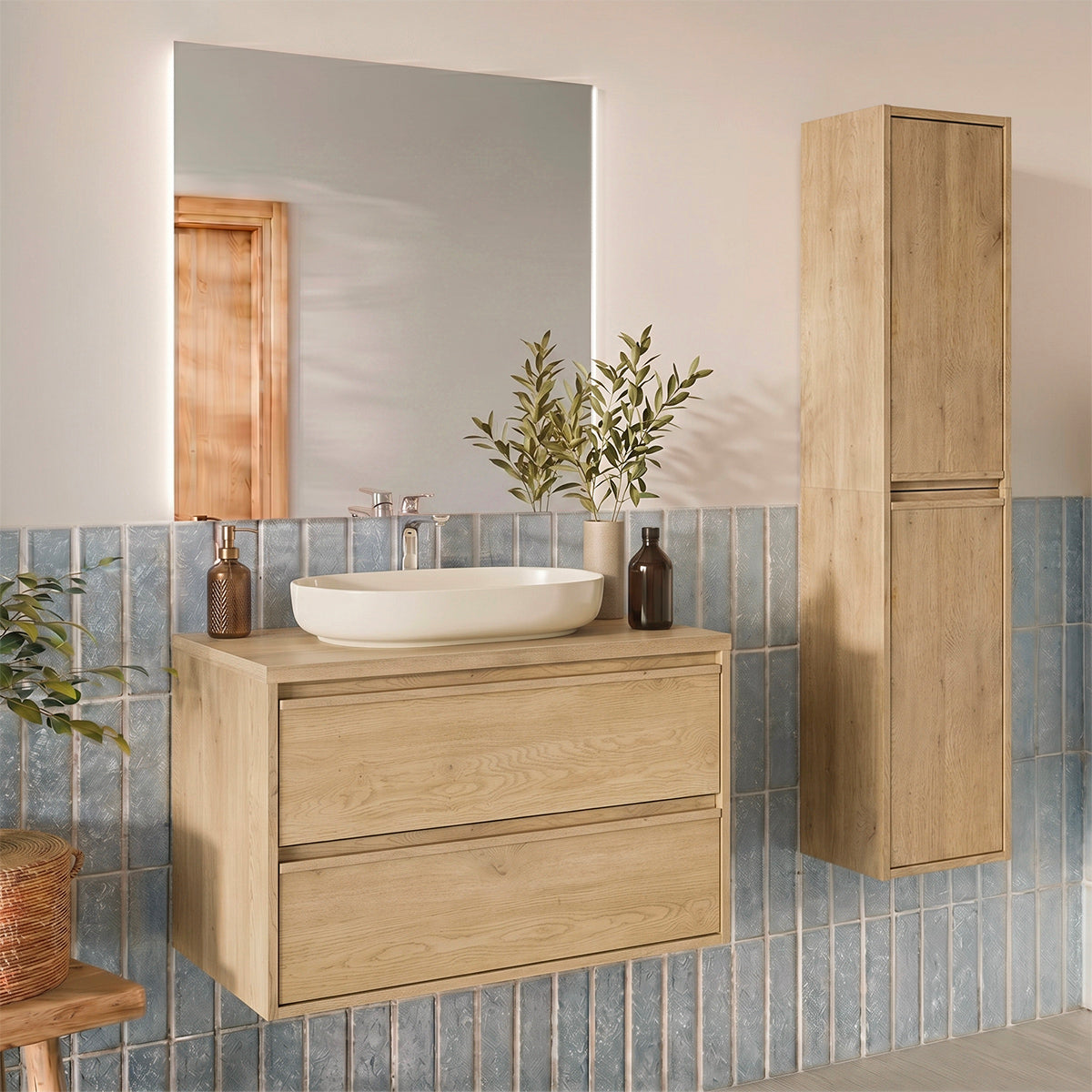 Waschtischunterschrank 80 Cm Mit Aufsatzwaschbecken Und Hochschrank Edmé Bois