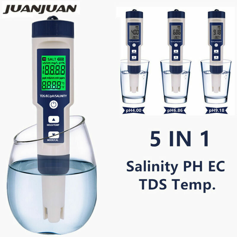 5-in-1 Digitaler Ph-, Tds-, Ec-, Temperatur-, Salzgehalts-, Leitfähigkeits-, Wasserfilter-, Reinheitsprüfer, Stift Mit Hintergrundbeleuchtung