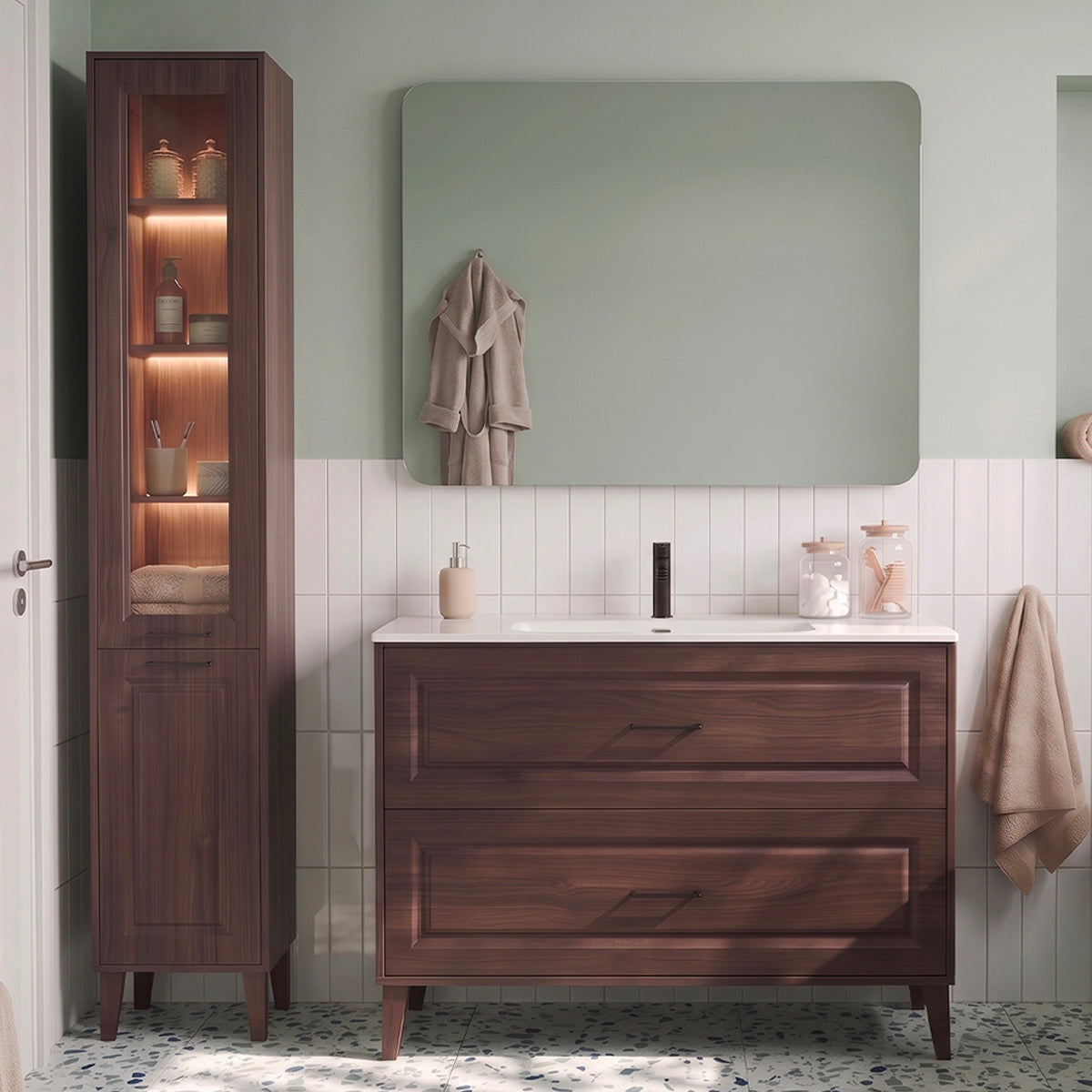 Waschtisch-set Einzelwaschbecken Einbau 120cm Und Hochschrank Moka Dunkles Holz