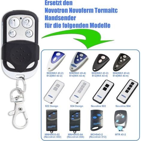 Lot De 2 Émetteurs De Rechange Pour Porte De Garage 433,92 Mhz 100 % Compatible Avec Novoferm Novotron 502 Max43-2, 504 Max43-4, 512 Mix43-2, Mnhs433-02, Mnhs433-04