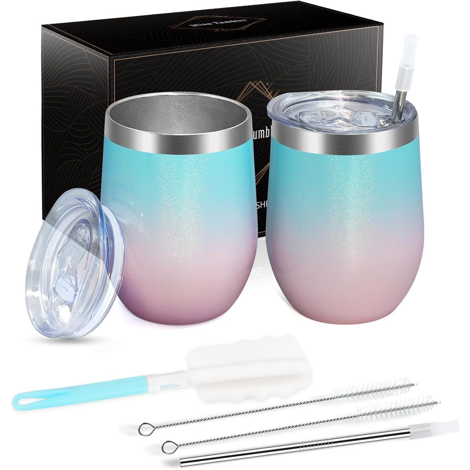 2er Set Edelstahl Weinbecher Mit Deckel, Doppelwandig, Bruchsicher, 350ml, Farbverlauf Blau-rosa