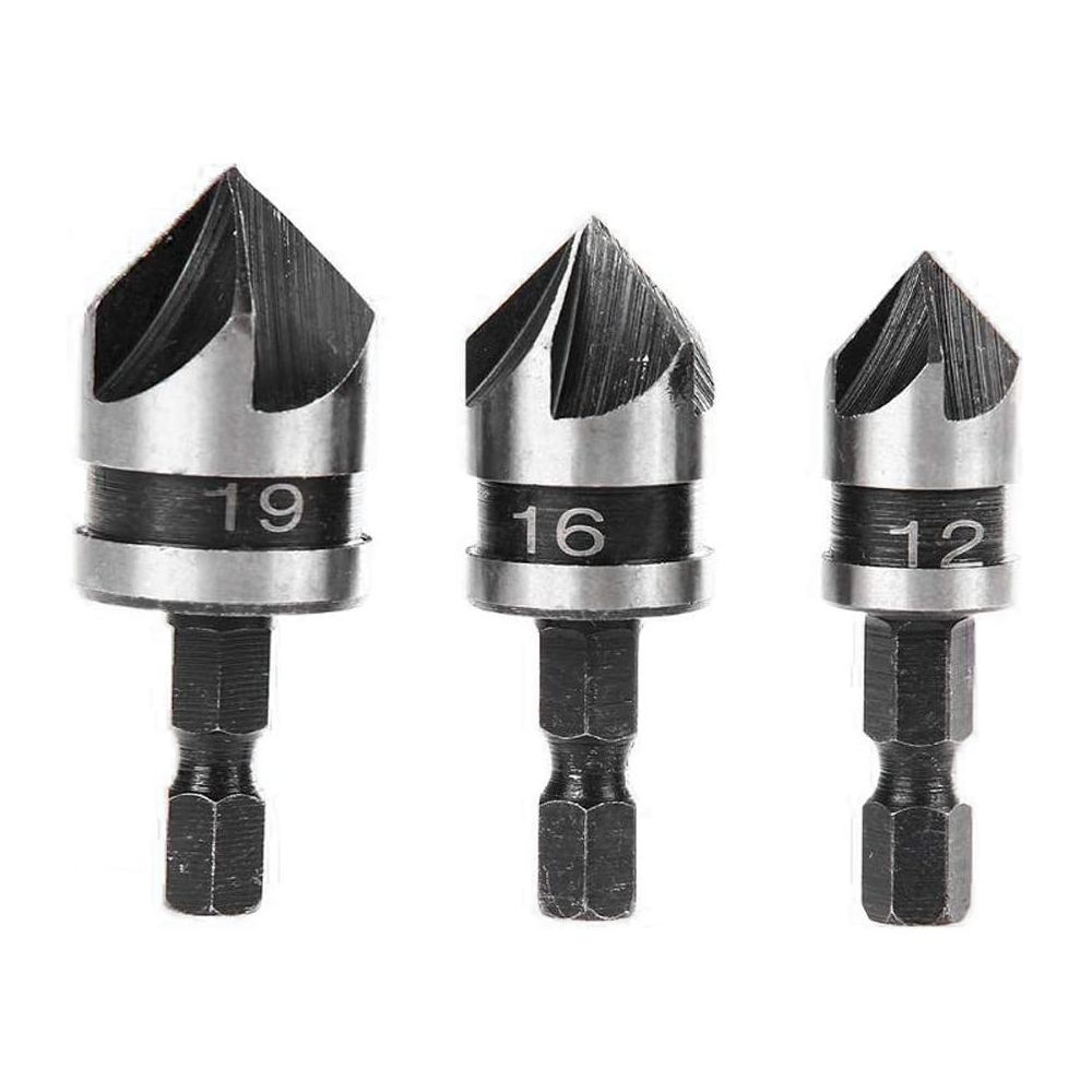 Set Mit 3 90°-5-nut-senkbohrern Für Holz Und Metall, 6,35 Mm Sechskantschaft, Senkbohrer Aus Kohlenstoffstahl Mit Schnellwechselmechanismus