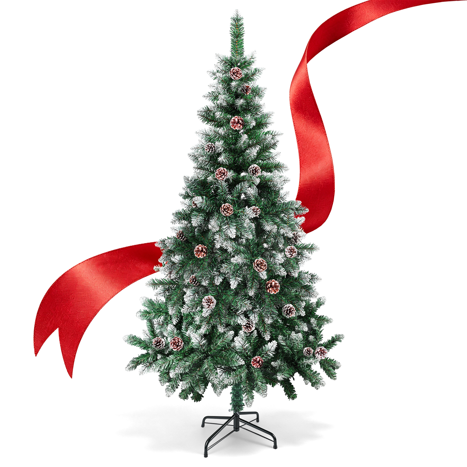 Jiubiaz 180cm Künstlicher Weihnachtsbaum Mit 500 Spitzen Pvc, Tannenbaum Mit Ständer, Christbaum Kunstbaum Mit Tannenzapfen Und Schnee Grün