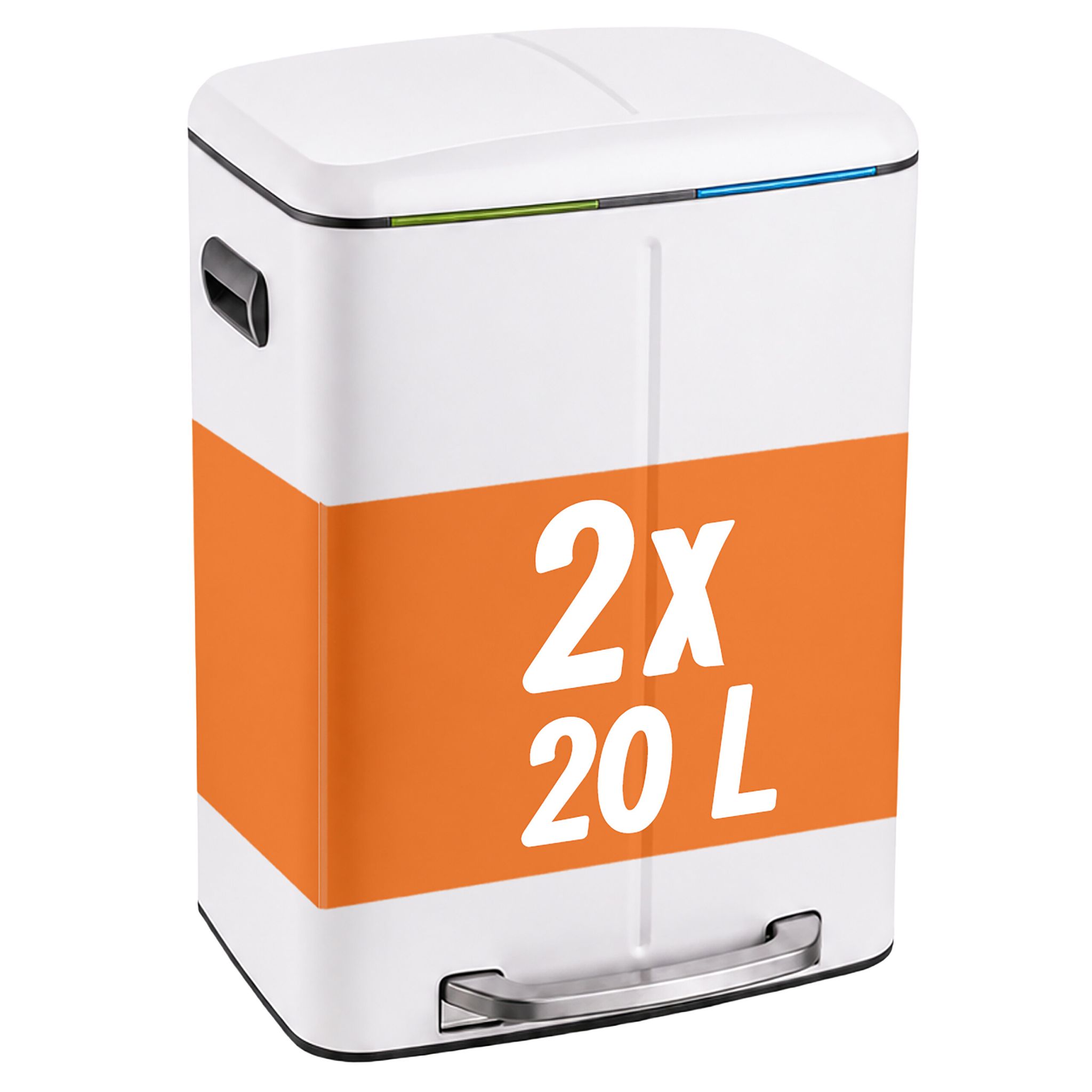 Relaxdays Mülleimer, 2 Fächer, 2x20 L, Entnehmbare Inneneimer, Softclose, Fußpedal, Edelstahl, Treteimer Küche, Weiß