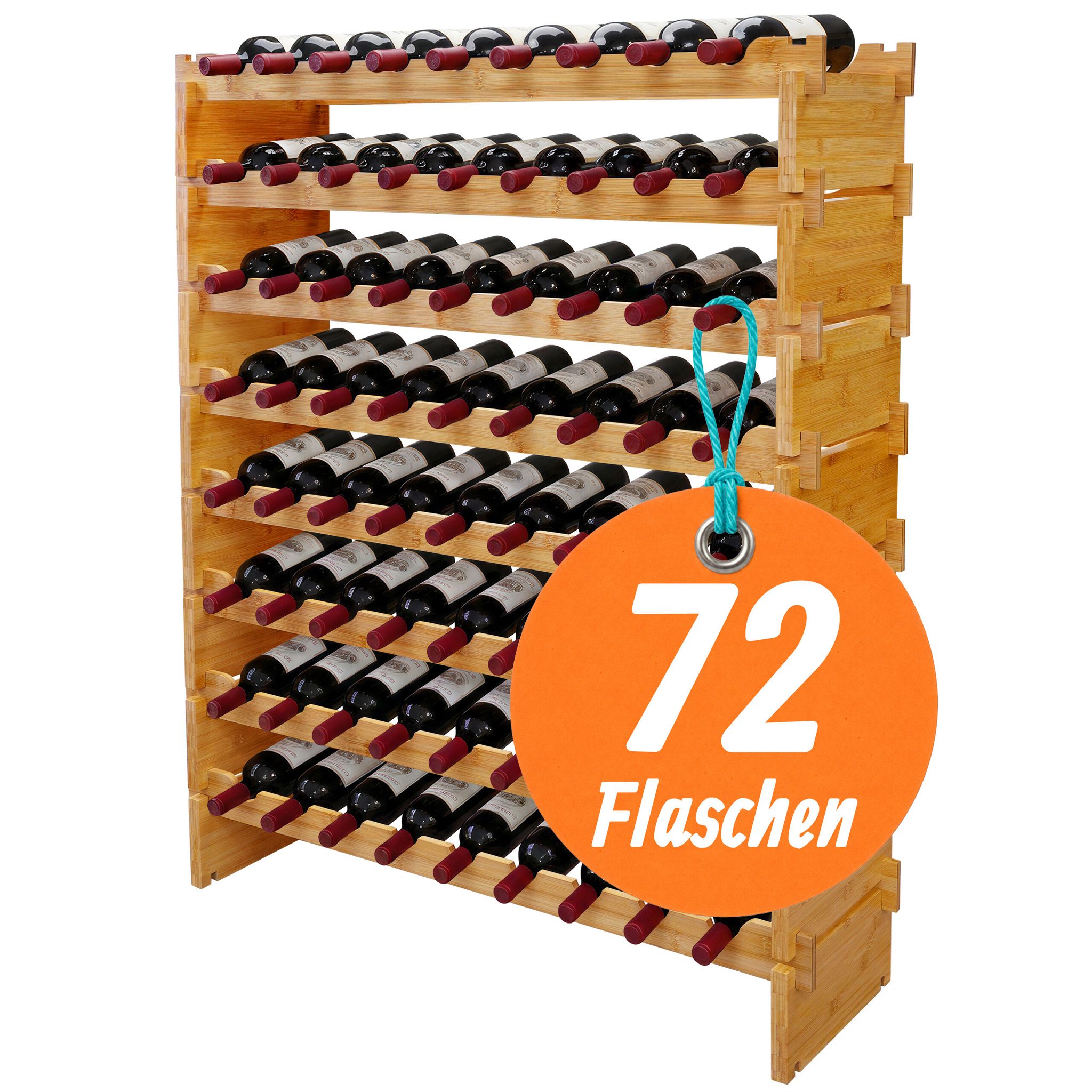 Relaxdays Weinregal, 72 Flaschen, Bambus, Hxbxt: 107 X 85 X 25,5 Cm, Rot- & Weißwein, Stapelbares Flaschenregal, Natur