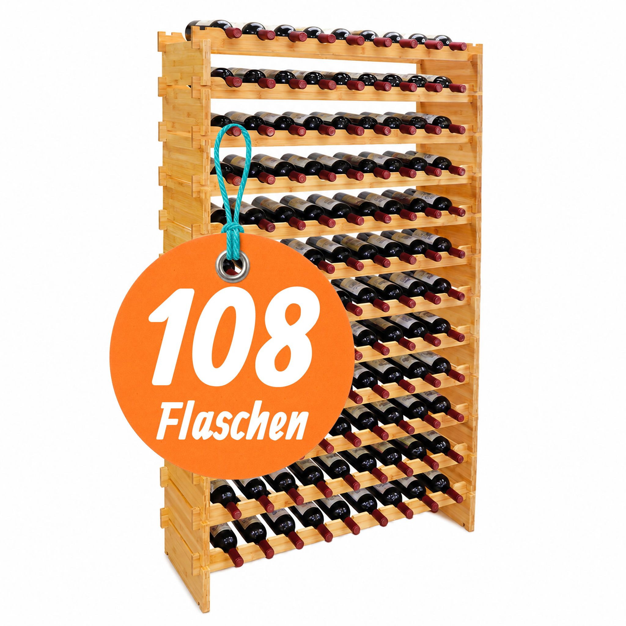 Relaxdays Weinregal, 108 Flaschen, Bambus, Hxbxt: 159 X 85 X 25,5 Cm, Rot- & Weißwein, Stapelbares Flaschenregal, Natur
