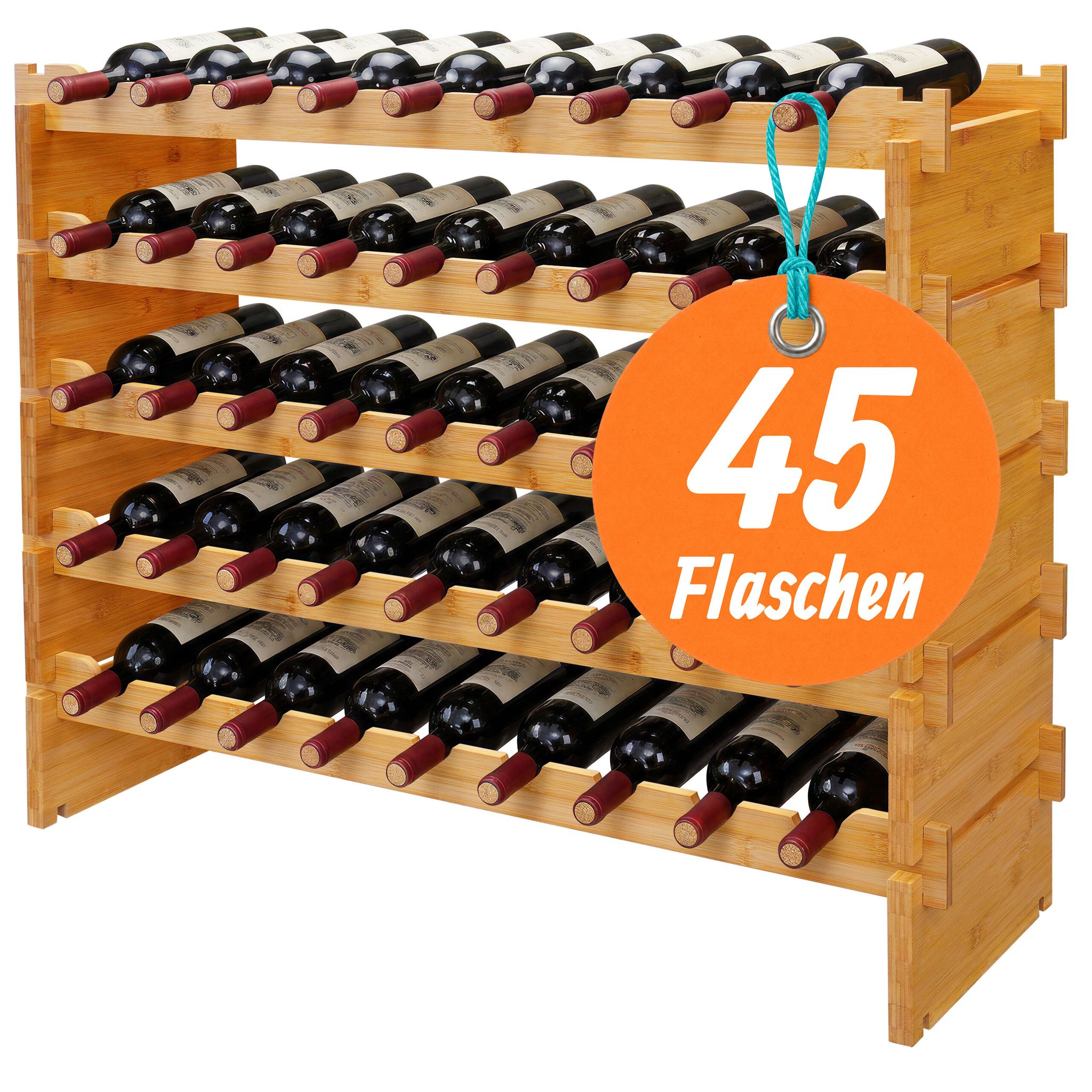 Relaxdays Weinregal, 45 Flaschen, Bambus, Hxbxt: 68 X 85 X 25,5 Cm, Rot- & Weißwein, Stapelbares Flaschenregal, Natur