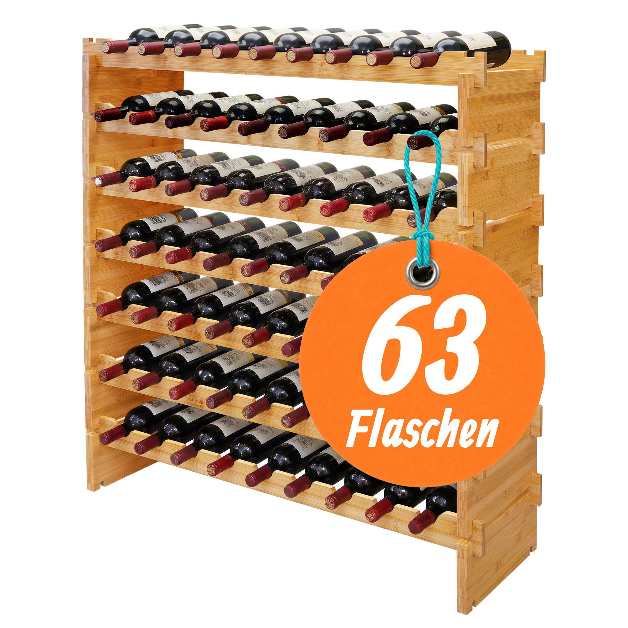 Relaxdays Weinregal, 63 Flaschen, Bambus, Hxbxt: 94 X 85 X 25,5 Cm, Rot- & Weißwein, Stapelbares Flaschenregal, Natur
